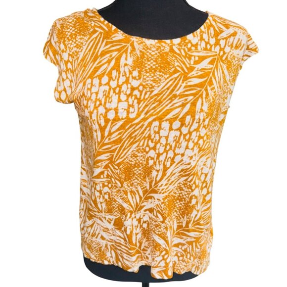 Christian Siriano 100% Linen Mustard Yellow Tropical Floral Back Button Top M - Picture 1 of 9